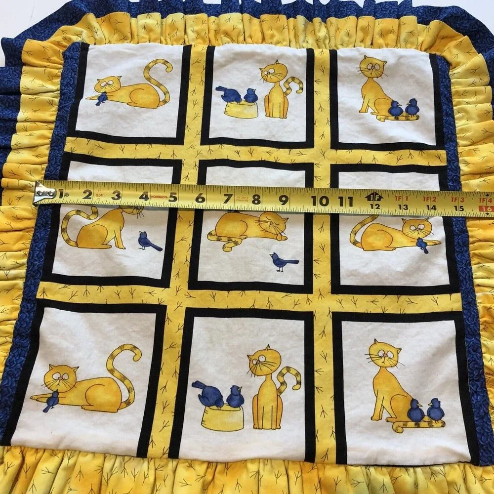 Handmade Square Ruffled Cute Cat And Bird Handmade Pillowcase Cover Zip Closure